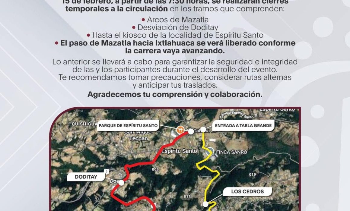 Ayuntamiento de Jilotzingo anuncia cierres viales temporales por Carrera por la Amistad el 15 de febrero