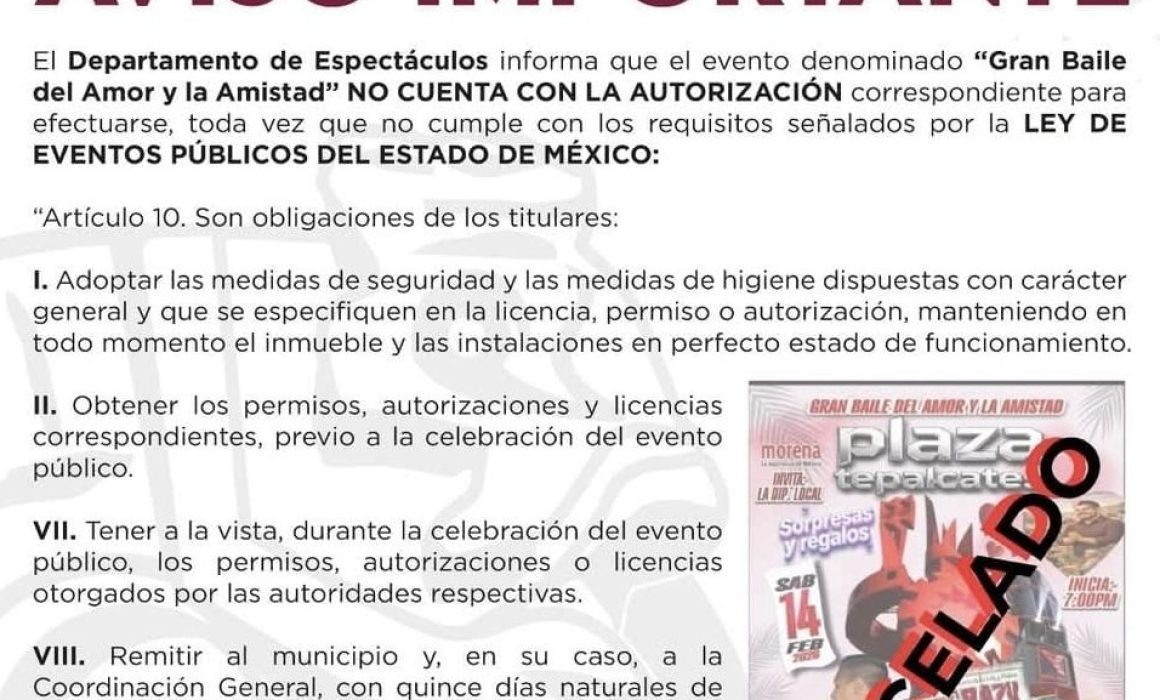 Chimalhuacán cancela el 'Gran Baile del Amor y la Amistad' por incumplimiento de requisitos legales