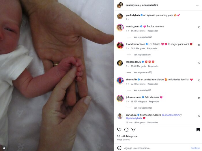 Famosos felicitan a Oriana Sabatini y Paulo Dybala por el nacimiento de su hija Gia en Italia