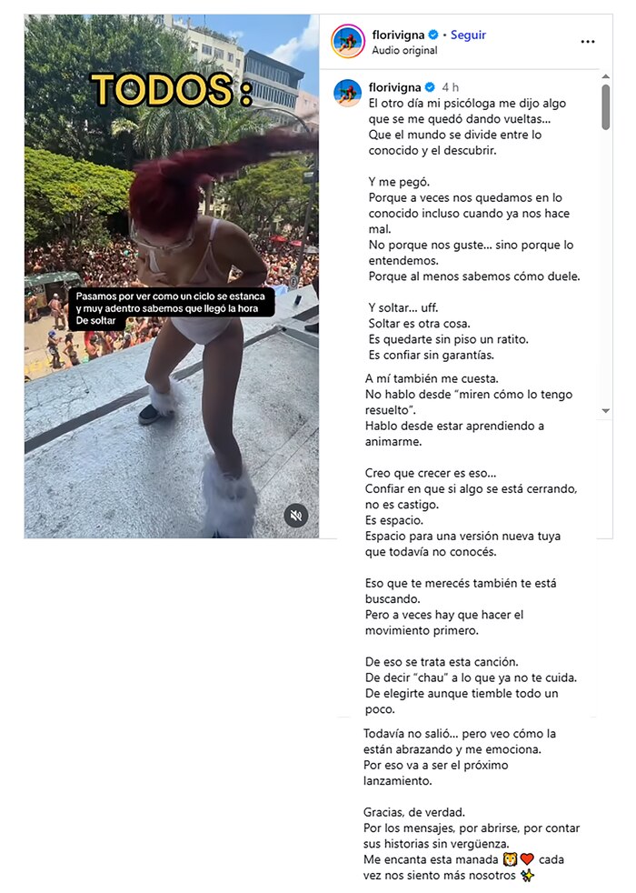 Flor Vigna comparte reflexión sobre miedo a lo desconocido y anuncia su próximo lanzamiento musical