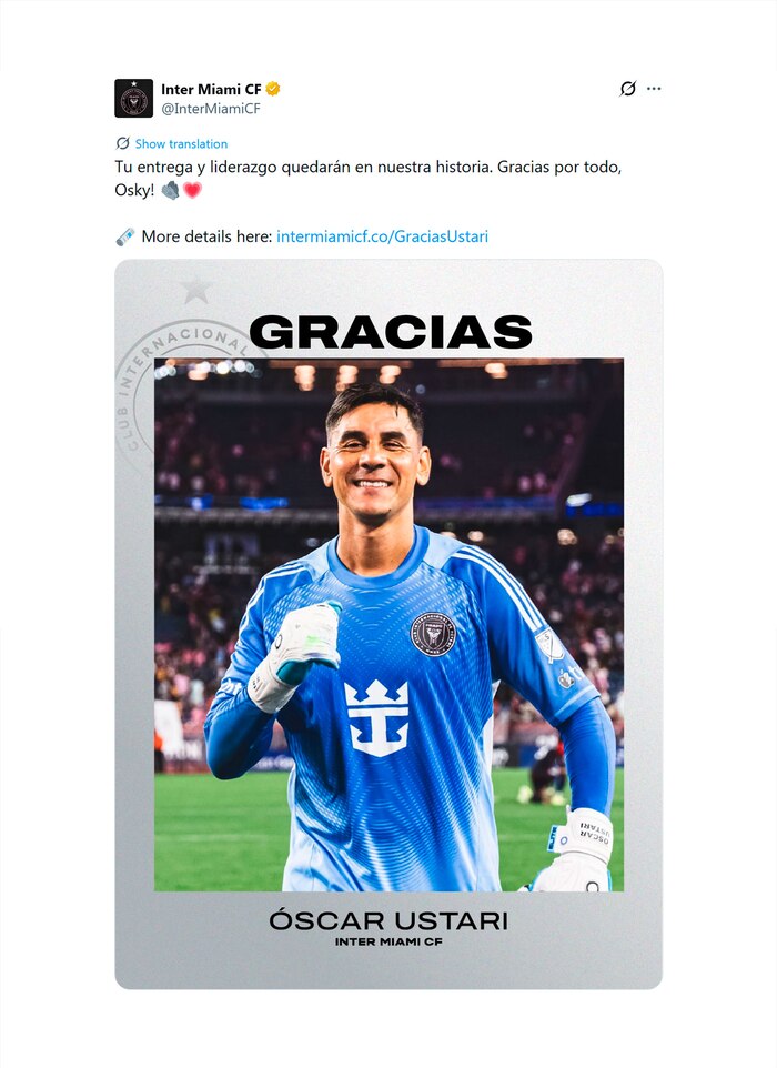 Inter Miami confirma la salida de Óscar Ustari, referente y capitán del club