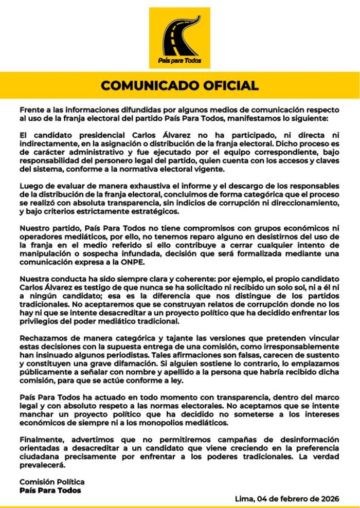 País para Todos niega irregularidades en uso de franja electoral y anuncia formalización ante ONPE